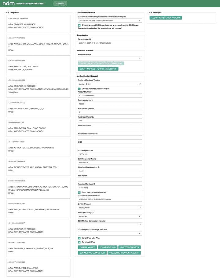 Netcetera Demo Merchant (NDM) Simulator