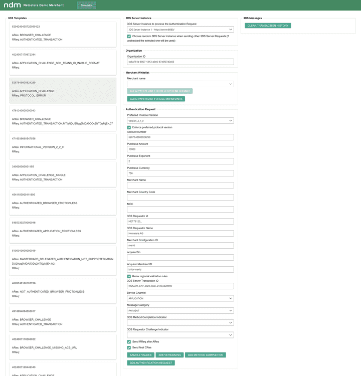 Netcetera Demo Merchant (NDM) Simulator