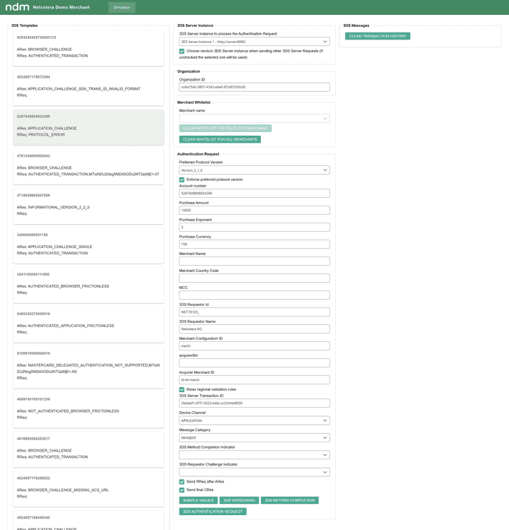 Netcetera Demo Merchant (NDM) Simulator